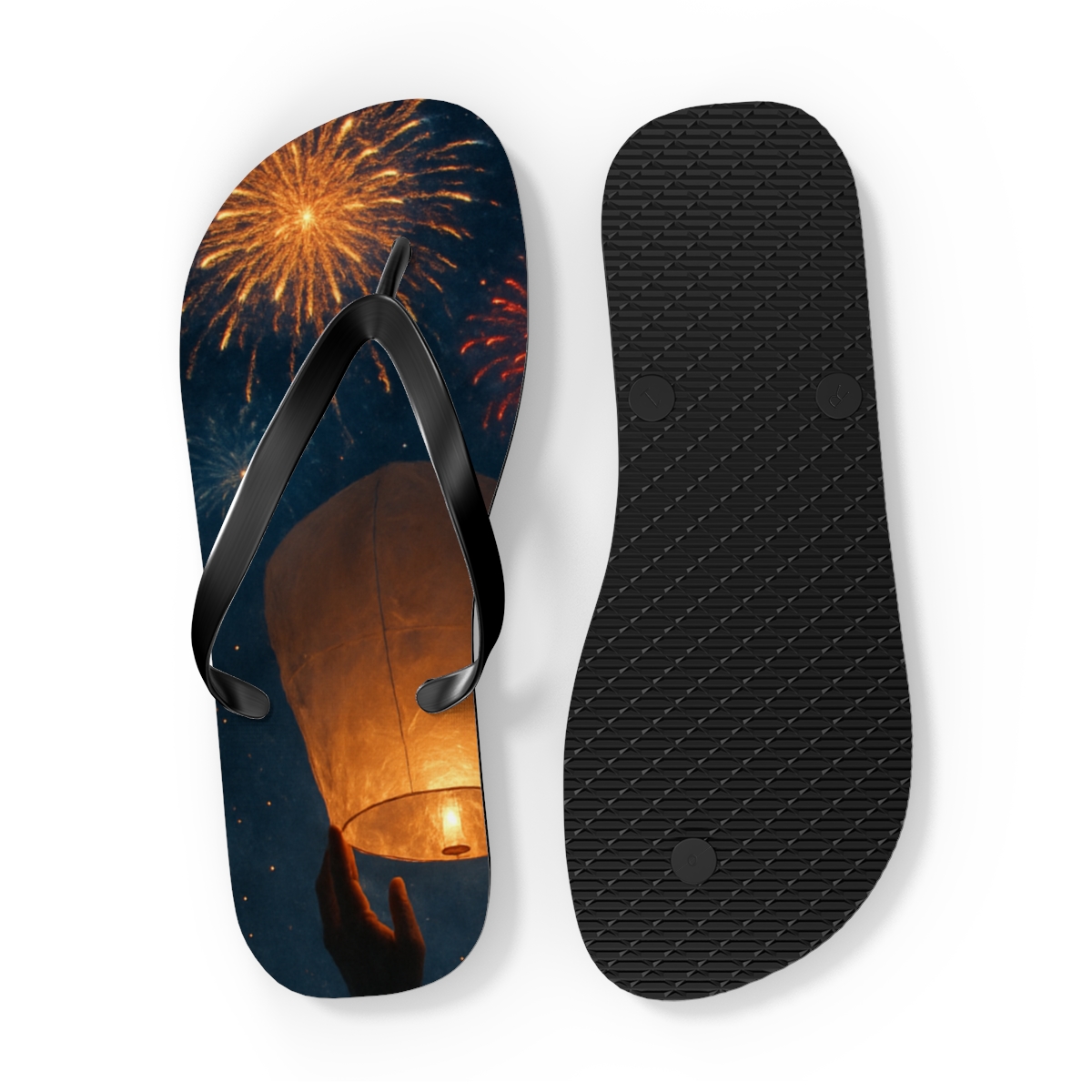 Lantern Lit New Year Skyburst unique graphic flip flops