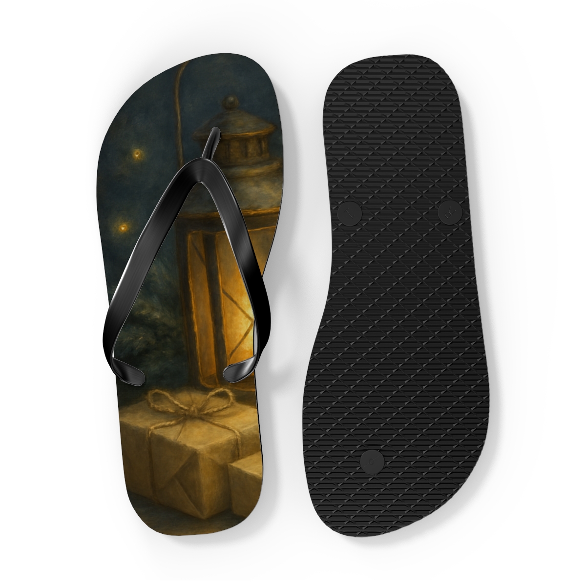 Lantern Lit Winter Hearth unique graphic flip flops