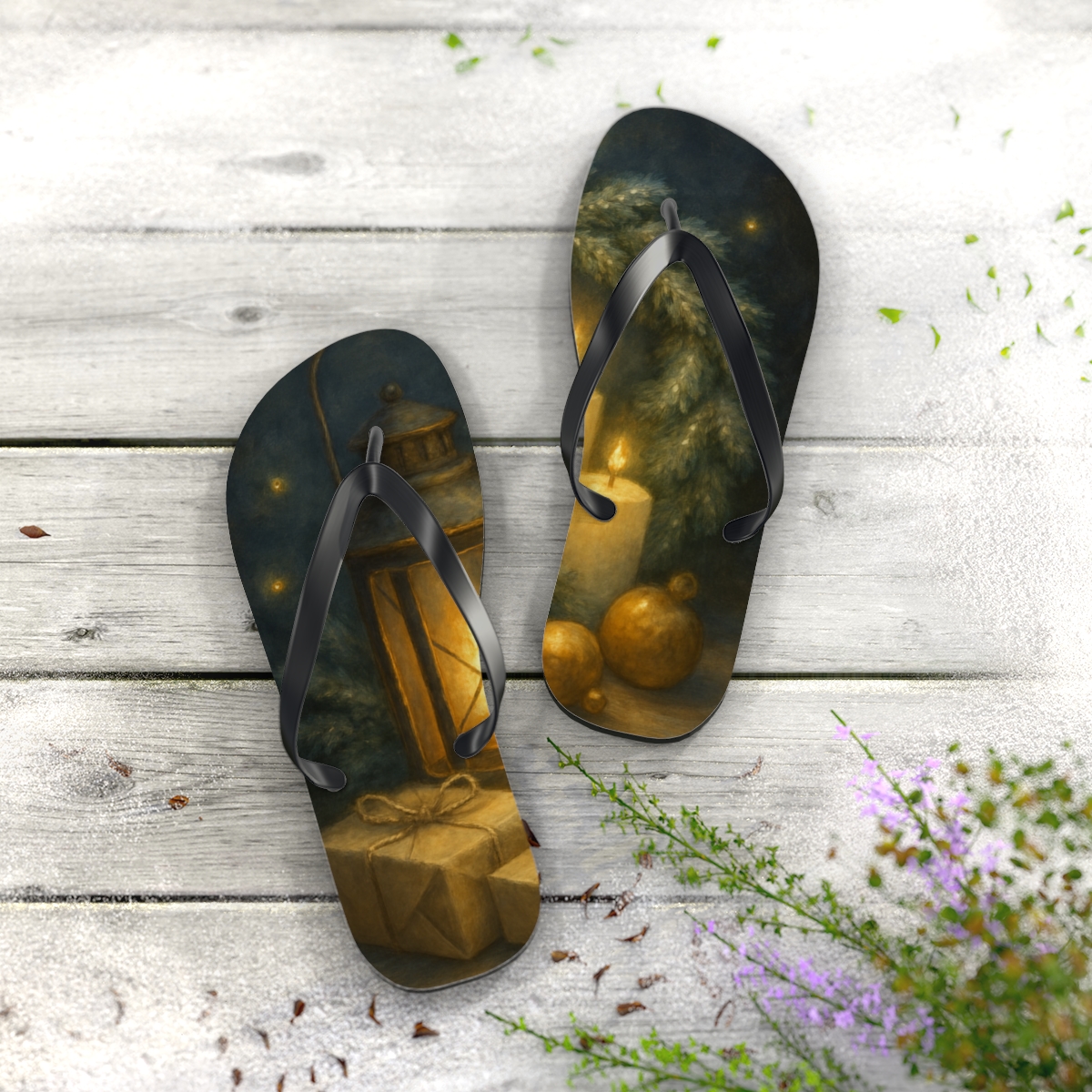 Lantern Lit Winter Hearth unique graphic flip flops