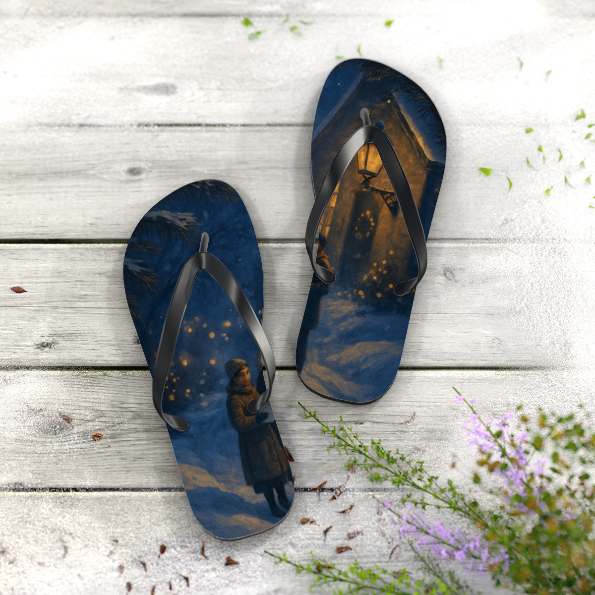 Lanternlit Midwinter Carol Scene unique graphic flip flops