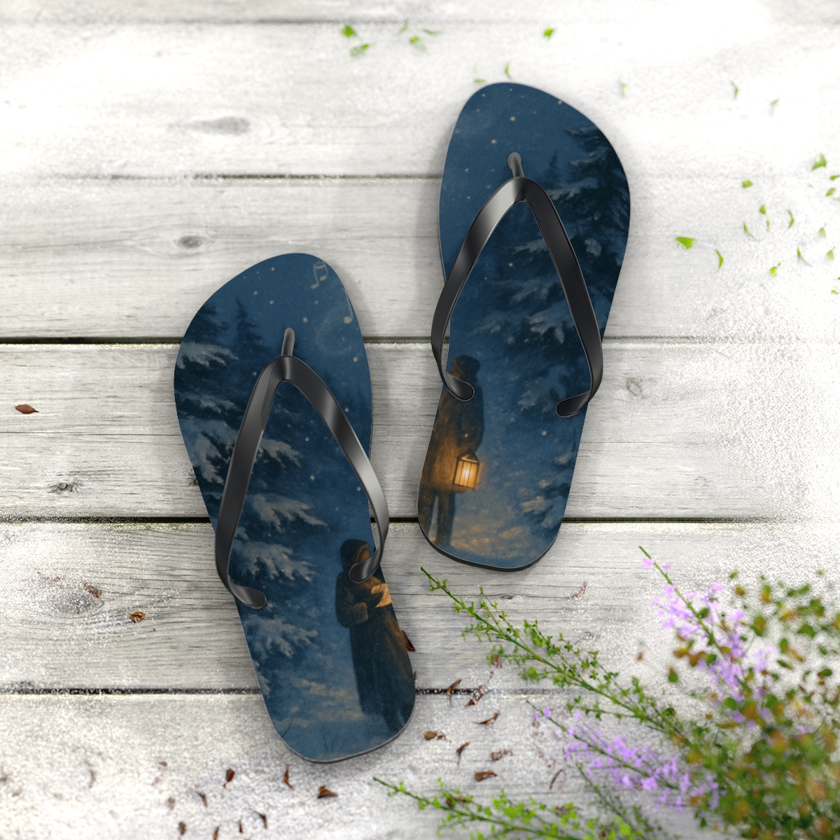 Lanternlit Winter Carol Silhouette designer logo flip flops