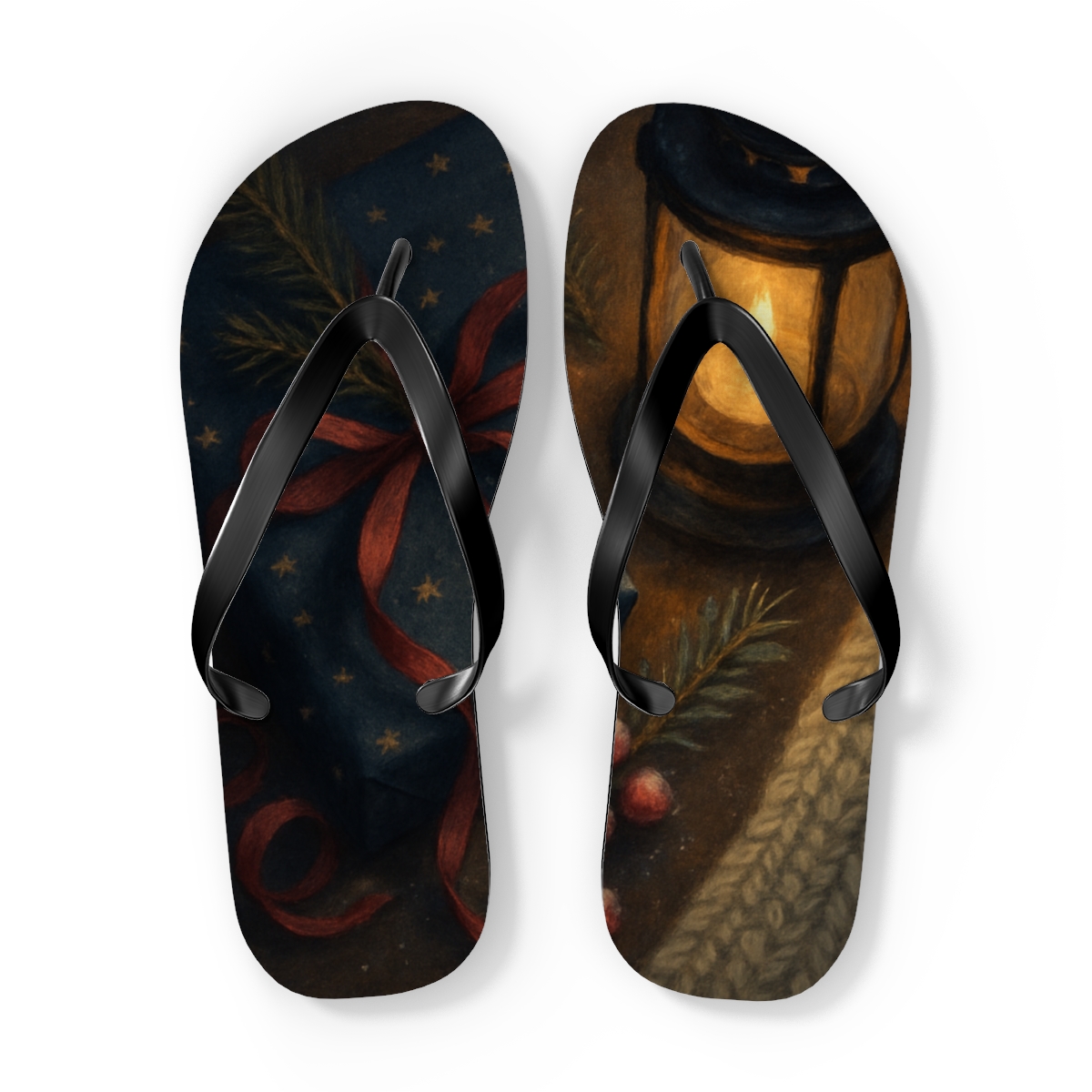 Lanternlit Winter Gift Wrap Waltz designer logo flip flops