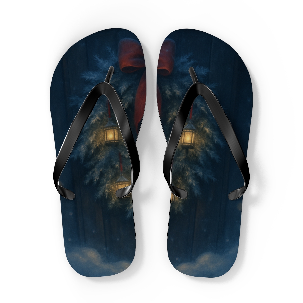 Lanternlit Winter Wreath Reverie colorful rubber flip flops