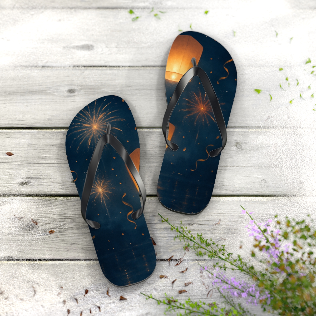Lanterns Of The New Year Sky personalized beach flip flops