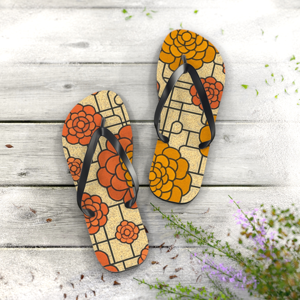 Marigold Fractal Rosette Circuit trendy printed flip flops