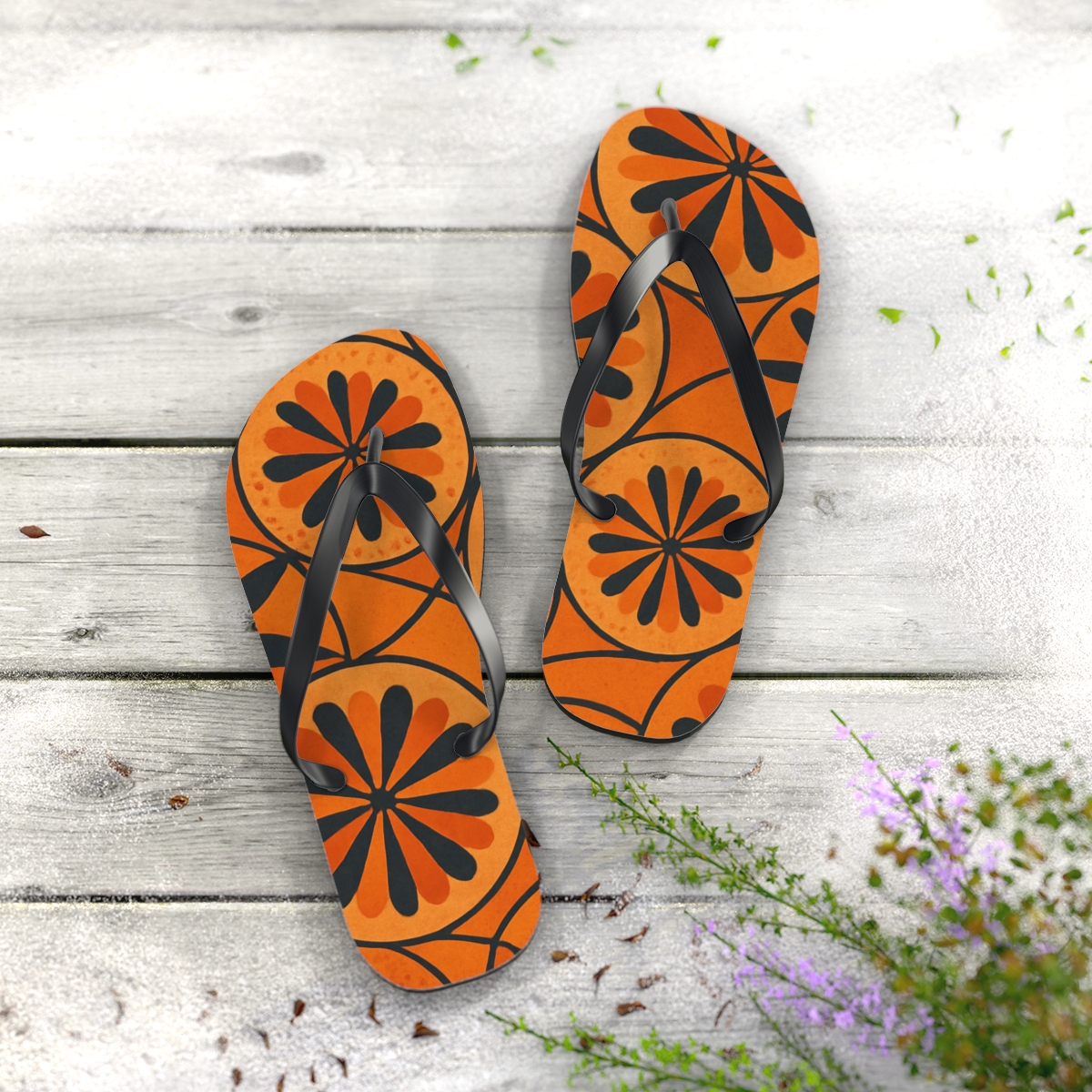 Marigold Orbit Lattice designer logo flip flops