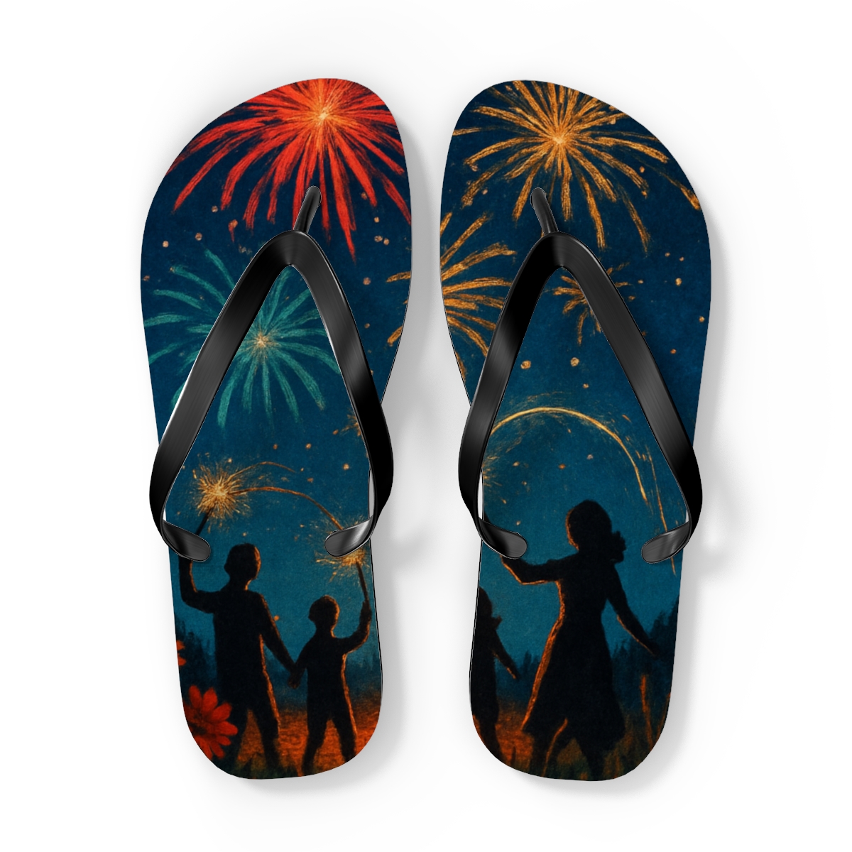 Midsummer Bonfire Fireworks designer logo flip flops