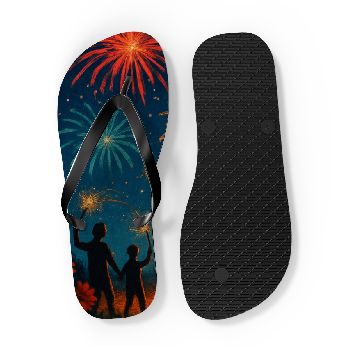 Midsummer Bonfire Fireworks designer logo flip flops