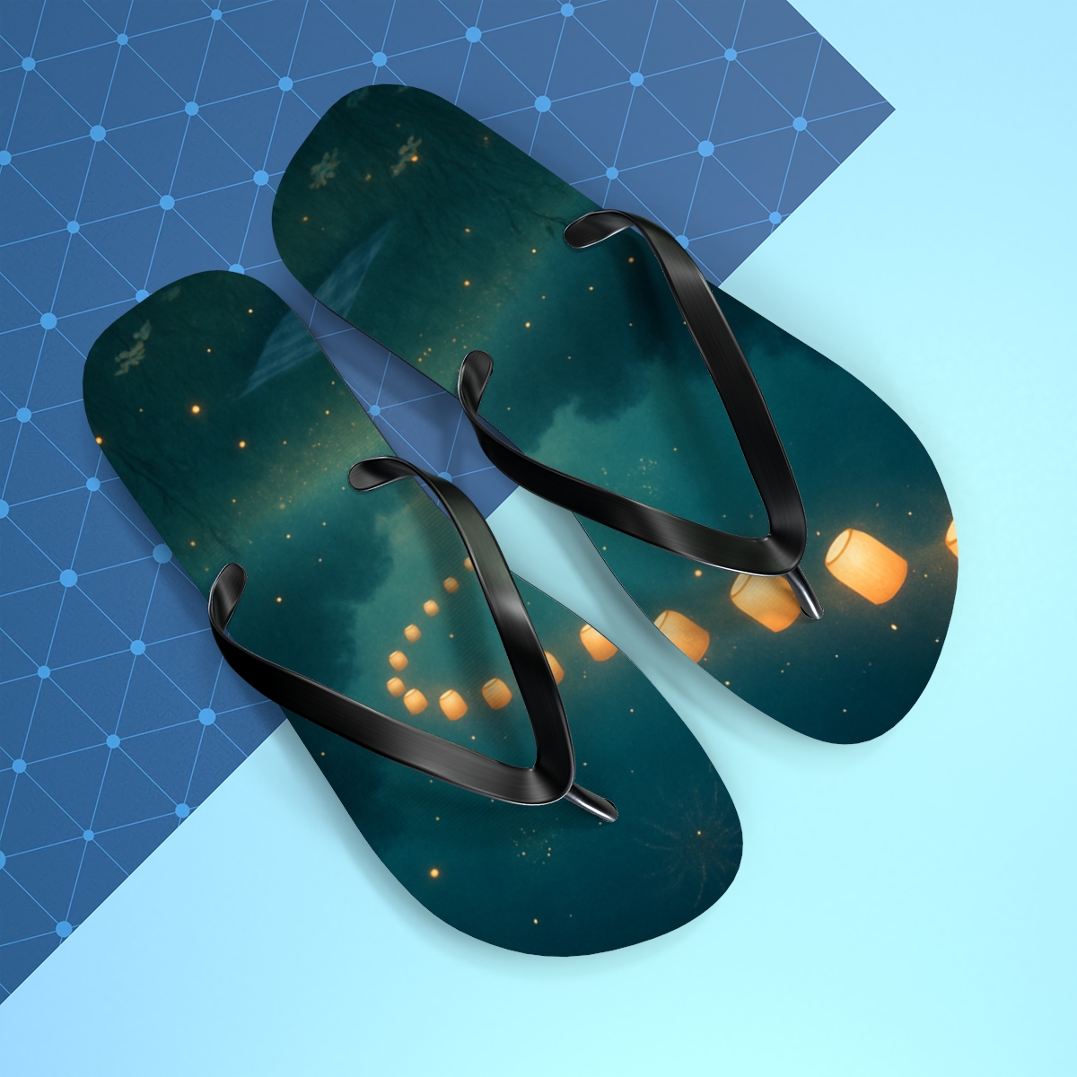 Midsummer Firefly Lantern Drift designer logo flip flops