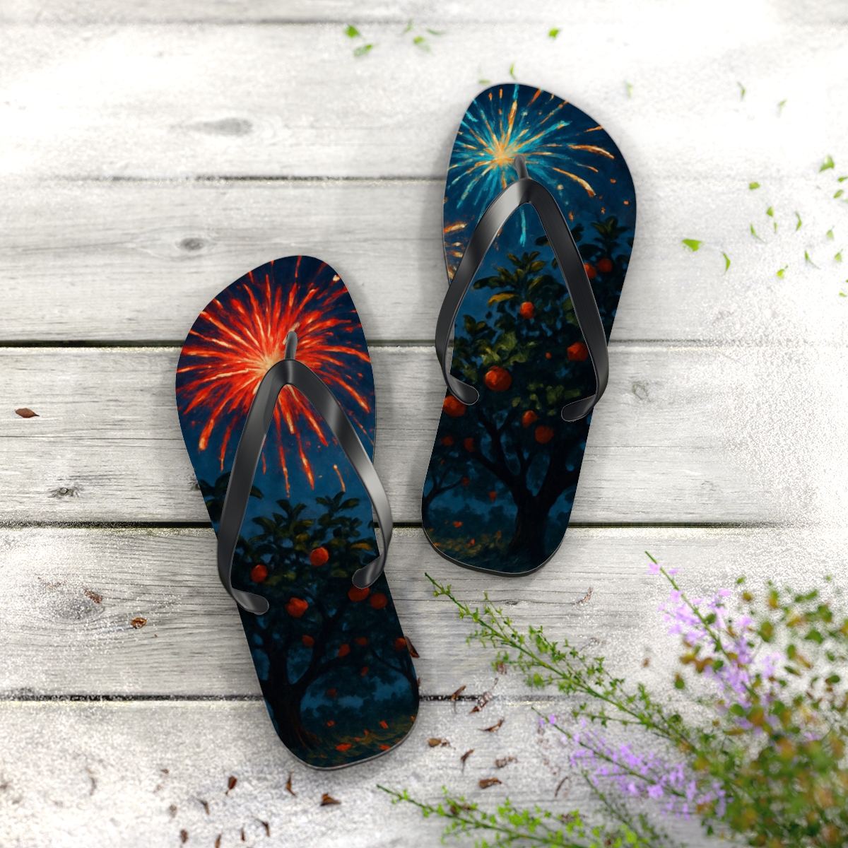 Midsummer Fireworks Orchard colorful rubber flip flops
