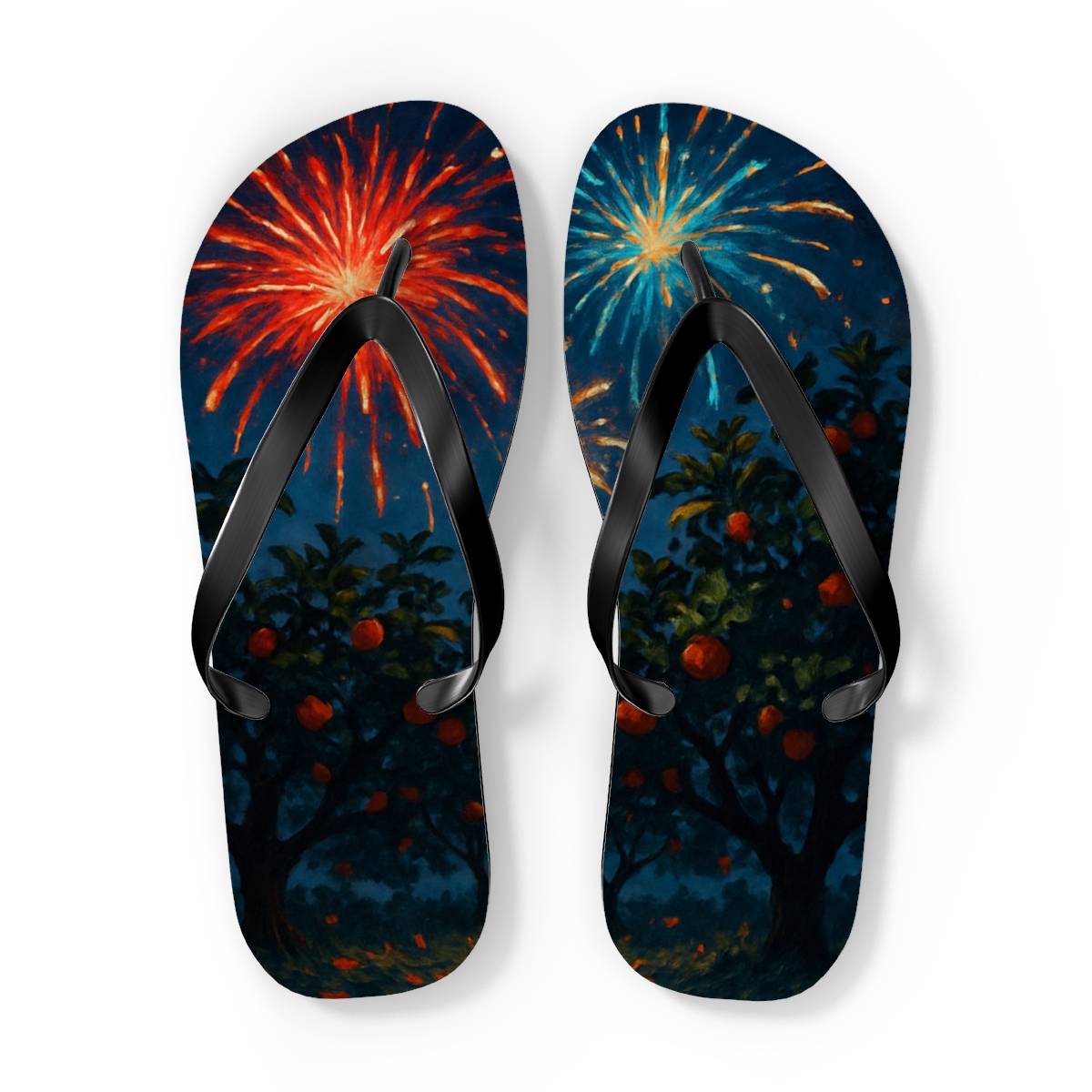 Midsummer Fireworks Orchard colorful rubber flip flops