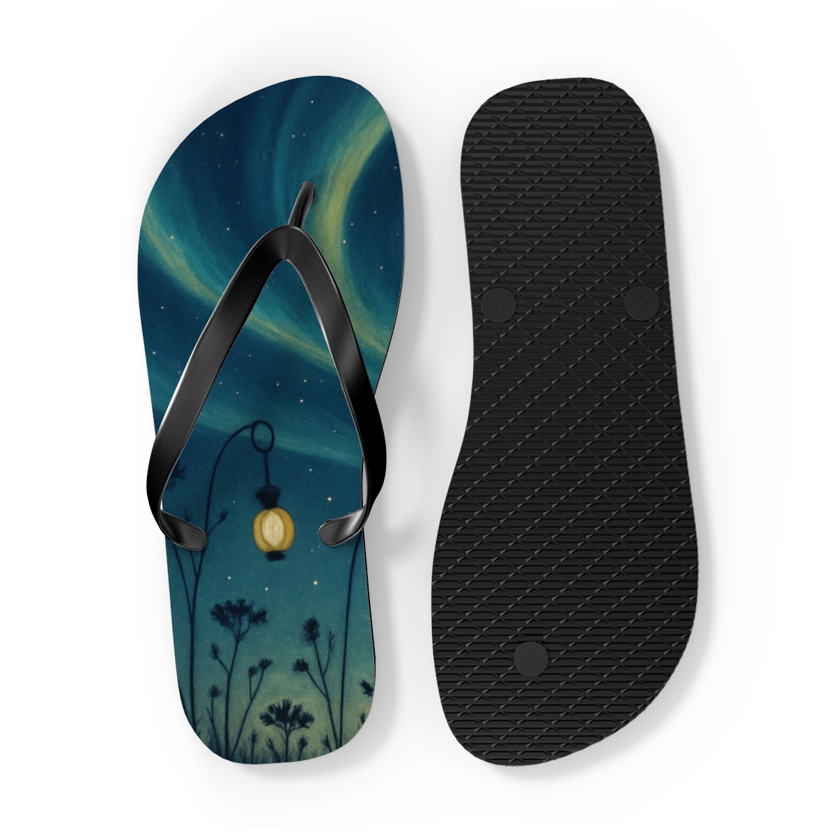 Midsummer Solstice Aurora Ribbons designer logo flip flops