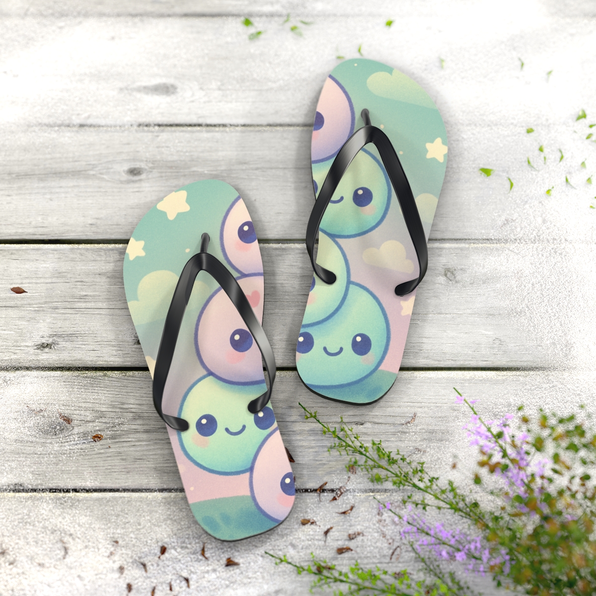 Mochi Moon Pals colorful rubber flip flops