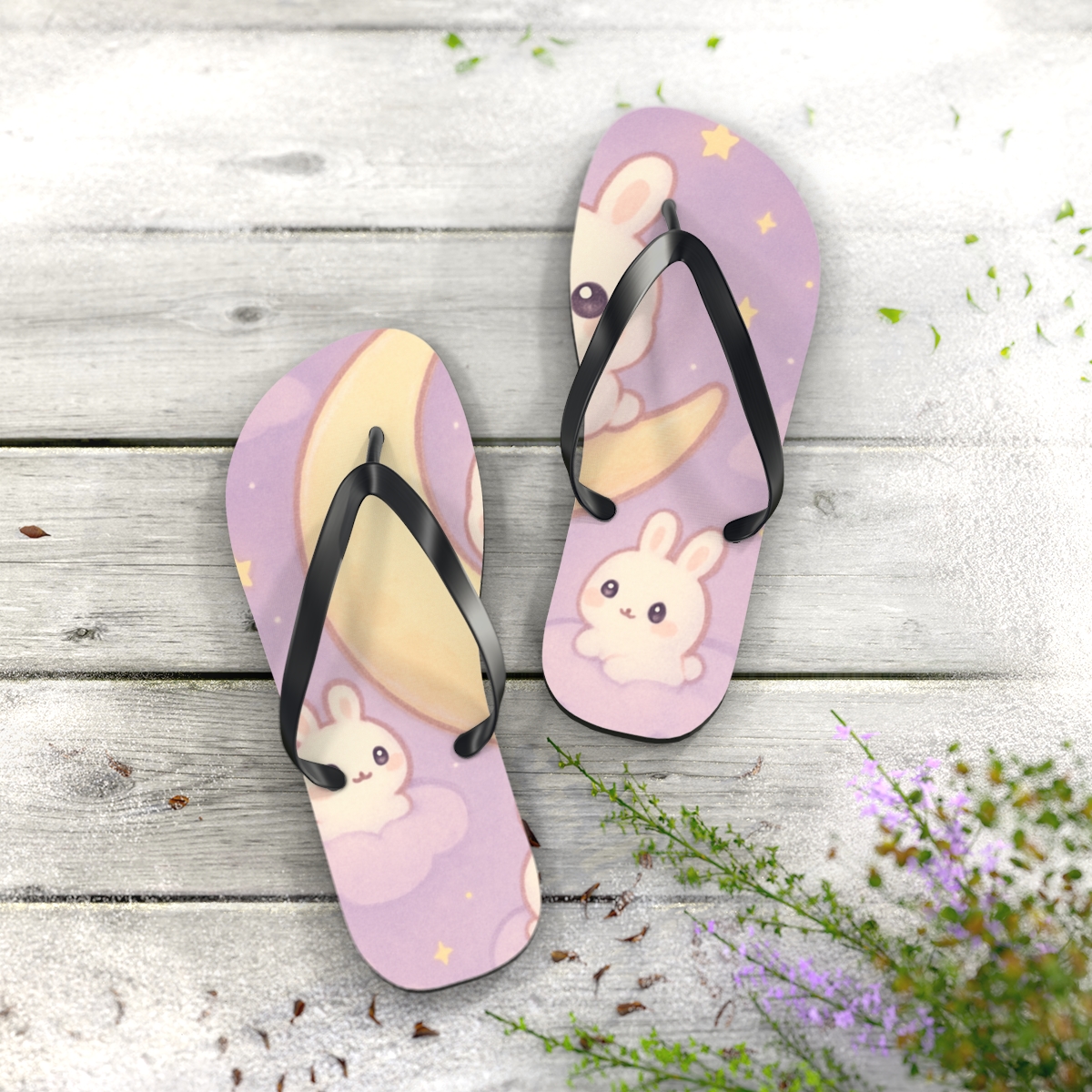 Moonlit Marshmallow Bunnies personalized beach flip flops