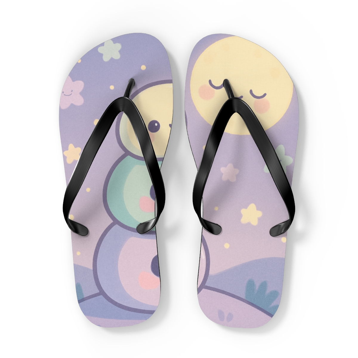 Moonlit Mochi Friends designer logo flip flops