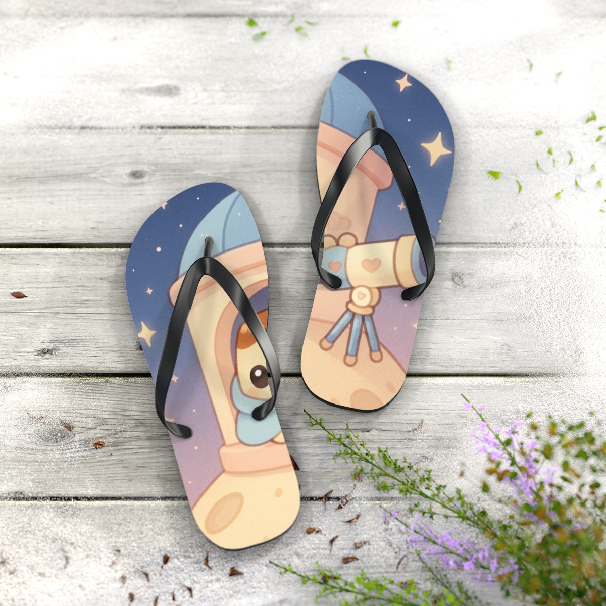 Moonlit Pudding Observatory Pals trendy printed flip flops