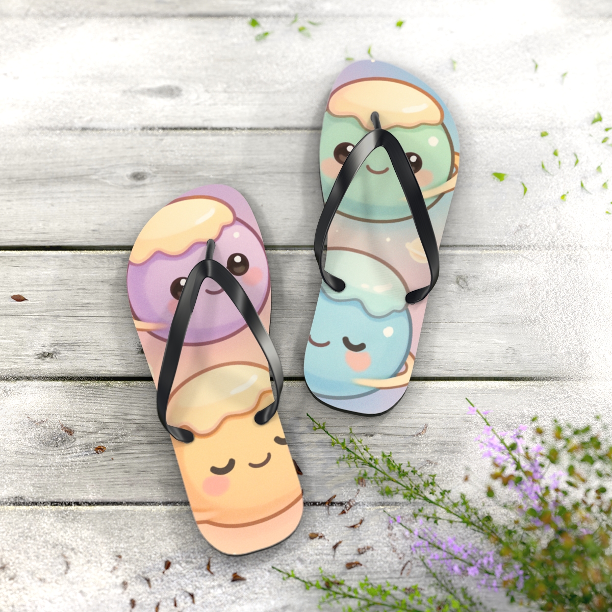 Pastel Planet Pudding Parade colorful rubber flip flops