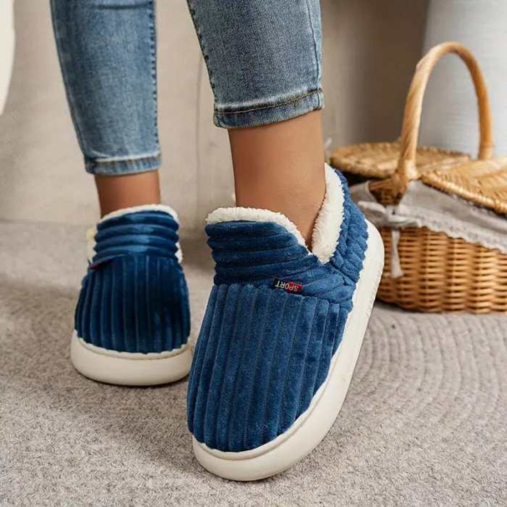 Ribbed Plush Indoor Slippers With Anti Slip Sole And Fleece Lining