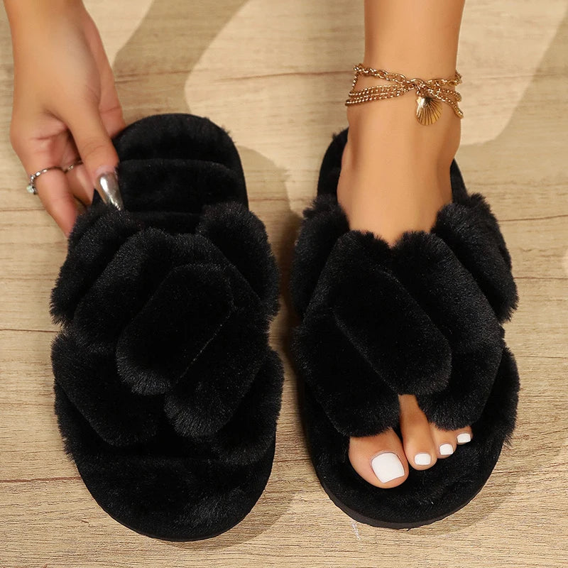 Plush Slippers Crisscross Design