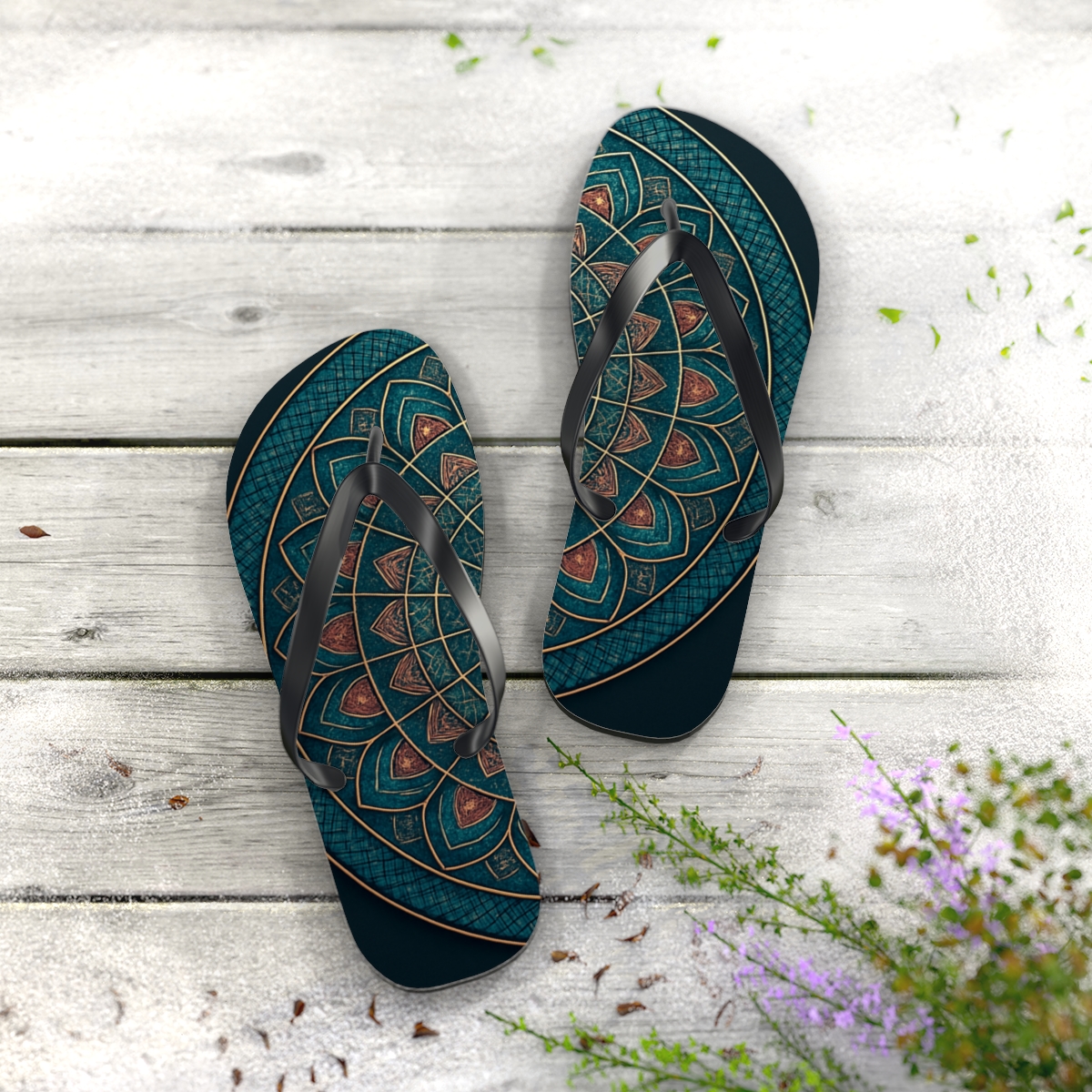 Prismatic Lattice Bloomwheel designer logo flip flops
