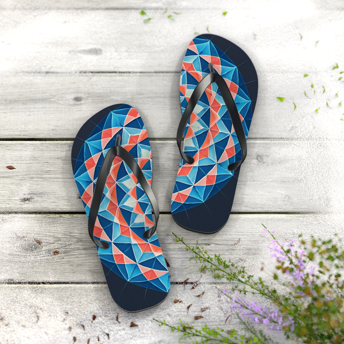 Prismatic Spiral Rosette unique graphic flip flops