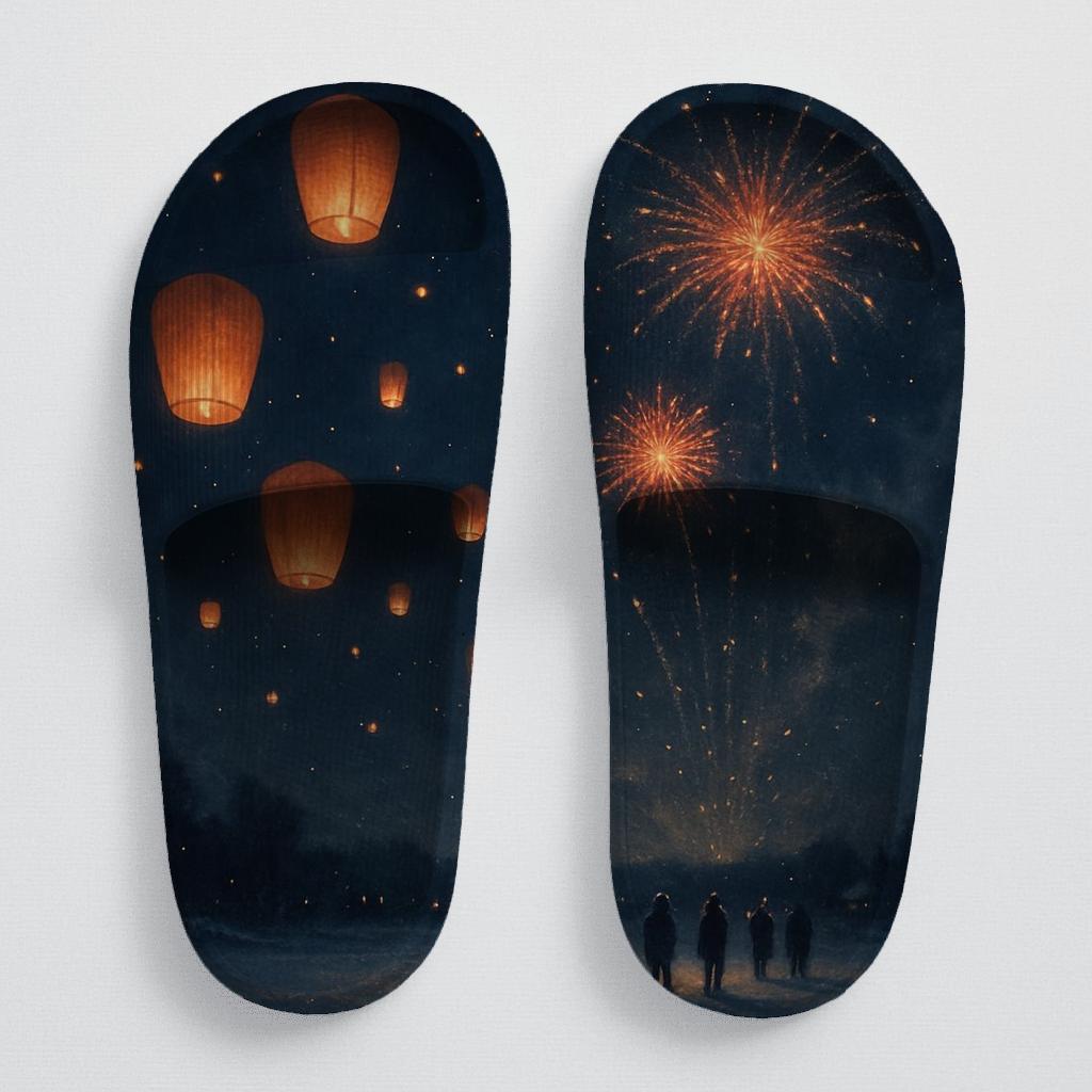 Lanterns Of Midwinter Sky personalized slide sandals