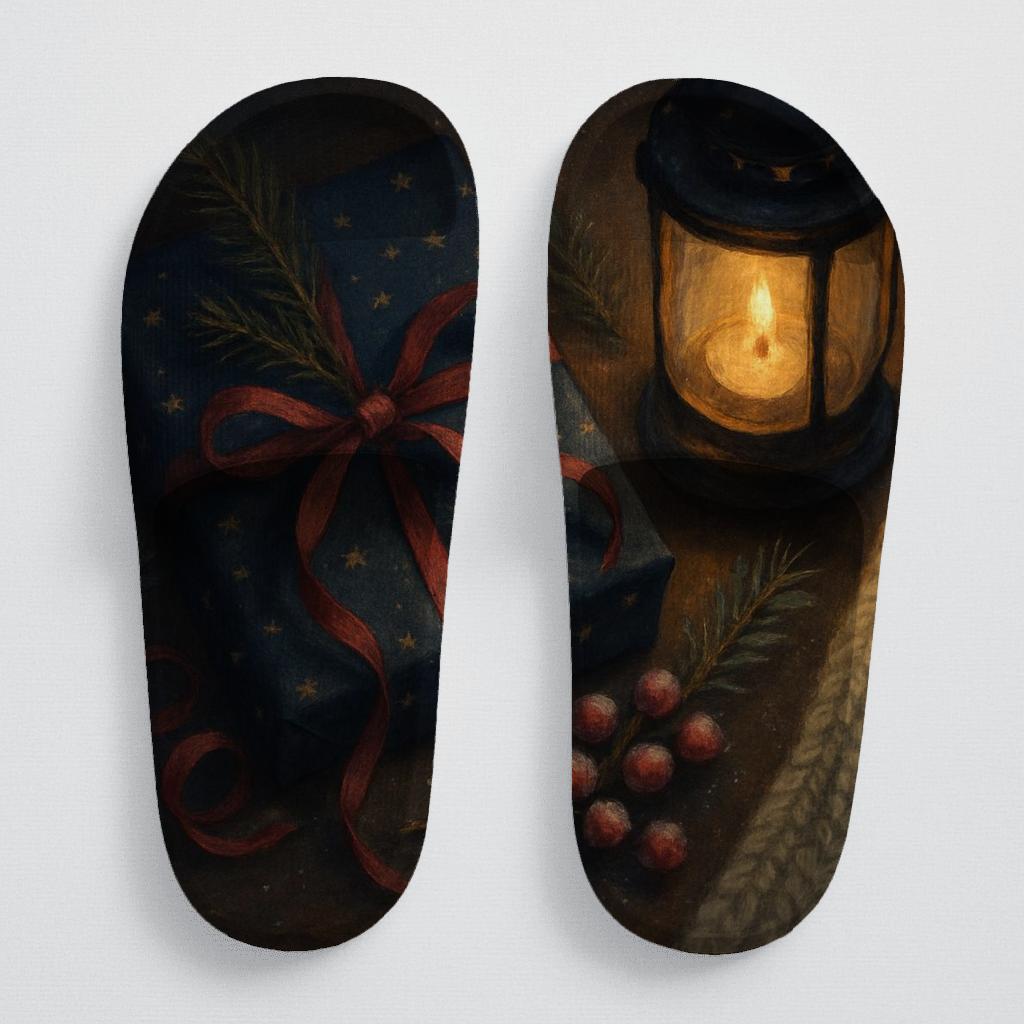 Lanternlit Winter Gift Wrap Waltz personalized slide sandals
