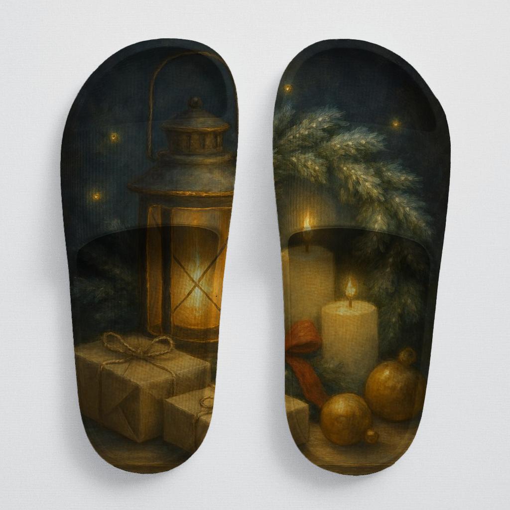 Lantern Lit Winter Hearth personalized slide sandals