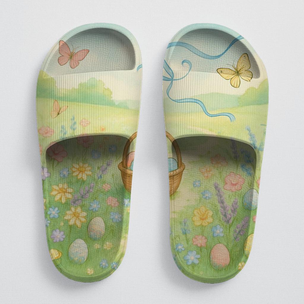 Spring Egg Hunt Meadow Whimsy comfortable casual slides