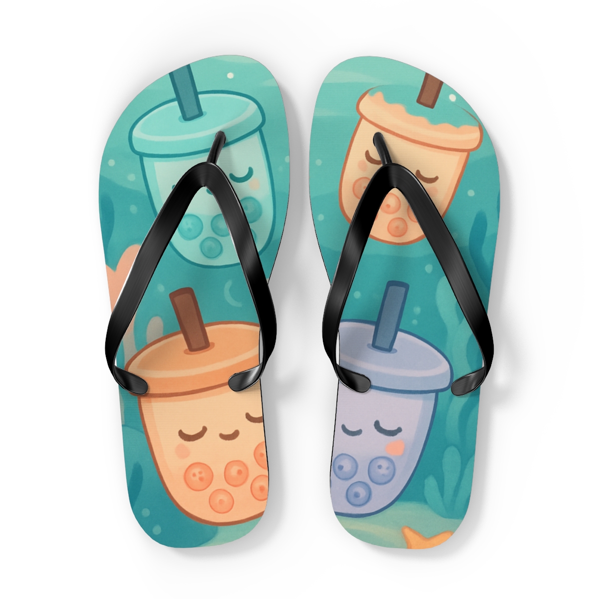Sleepy Bubble Tea Sea Creatures personalized beach flip flops