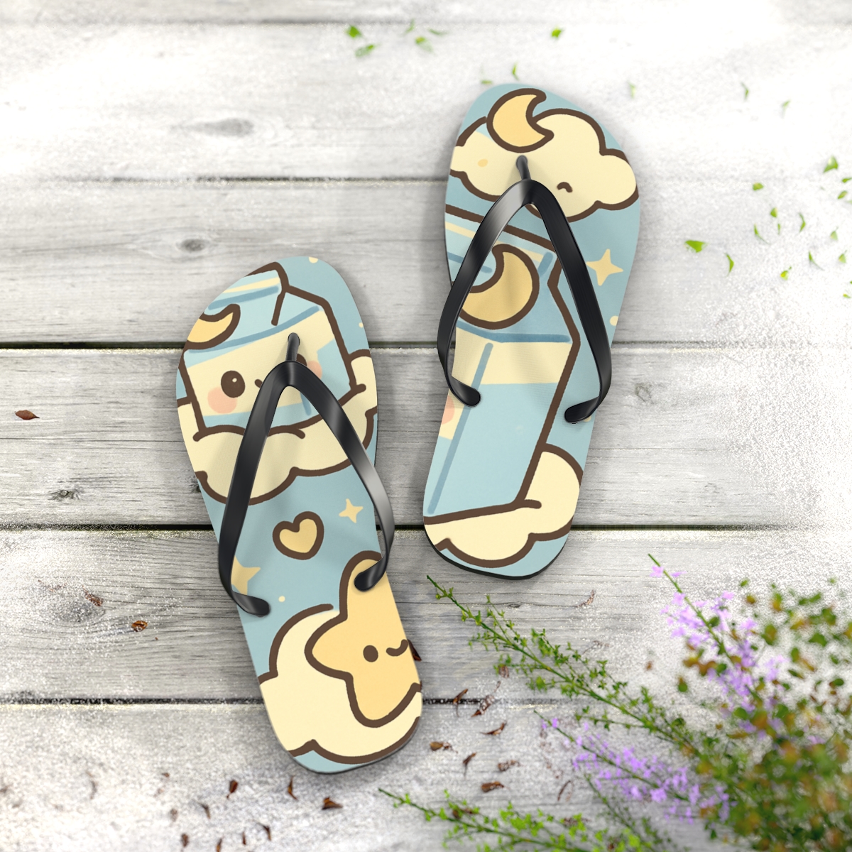 Sleepy Moon Milk Carton Crew trendy printed flip flops