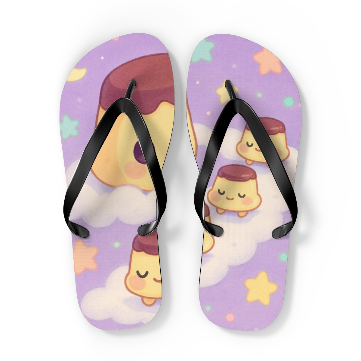 Sleepy Moon Pudding Parade trendy printed flip flops