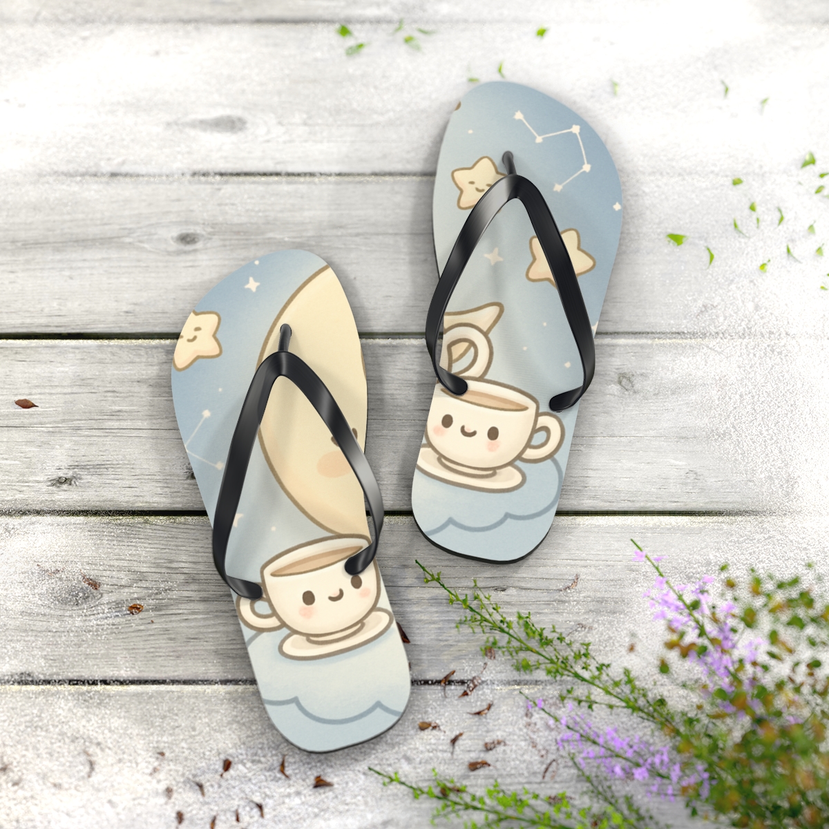 Sleepy Moon Tea Party Friends designer logo flip flops