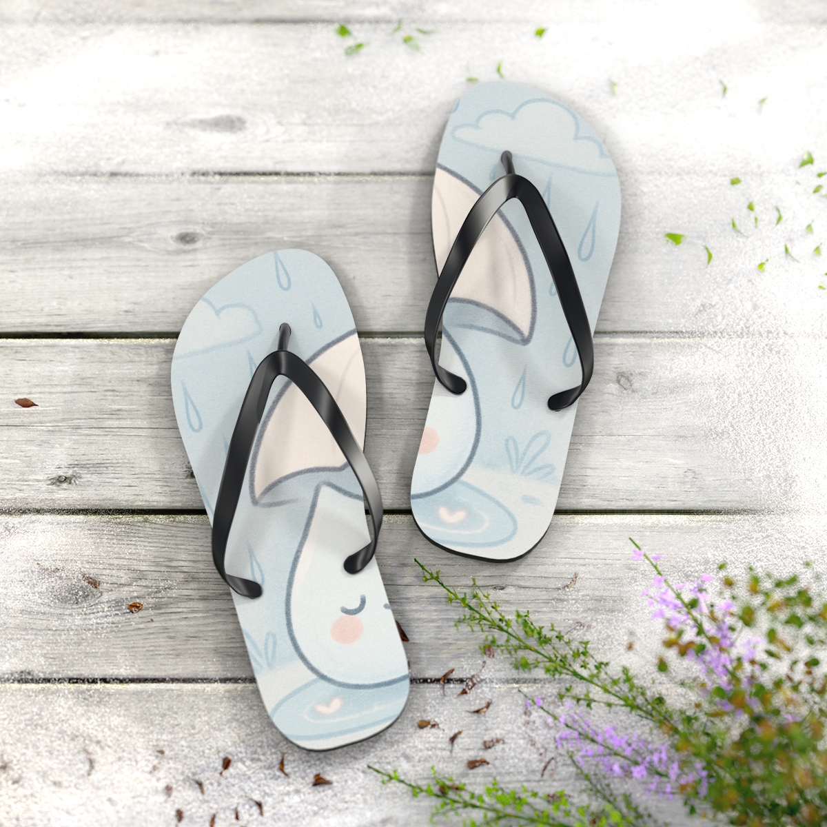 Sleepy Raindrop Umbrella Buddies personalized beach flip flops