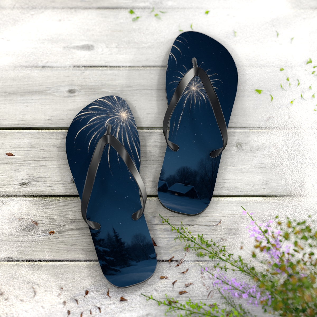 Snowlit Midnight Fireworks personalized beach flip flops