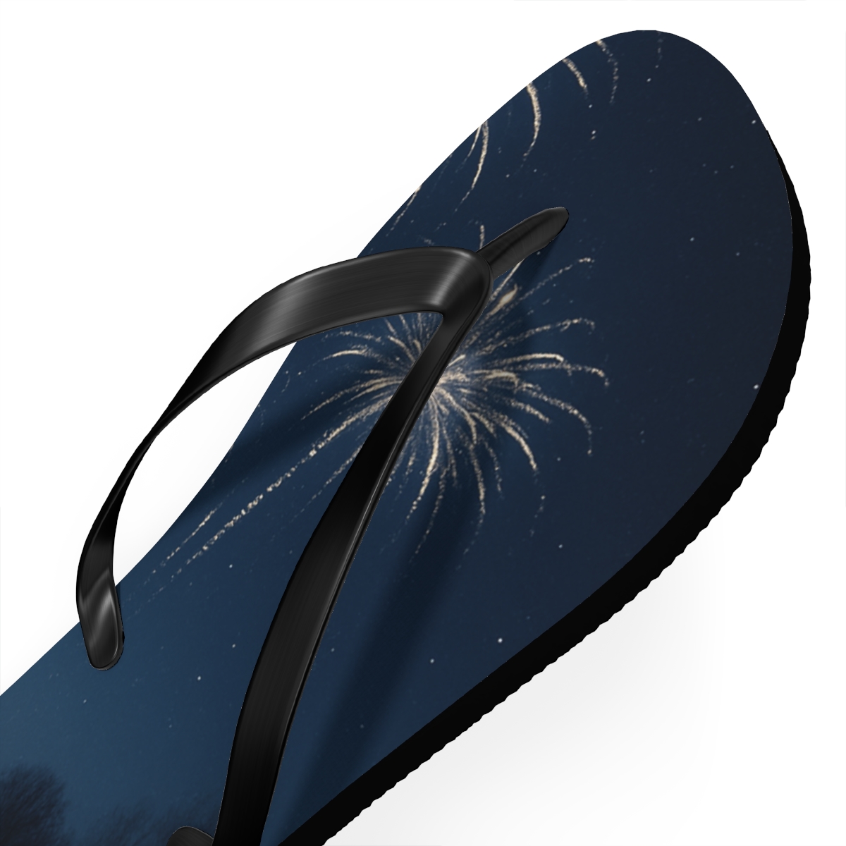 Snowlit Midnight Fireworks personalized beach flip flops