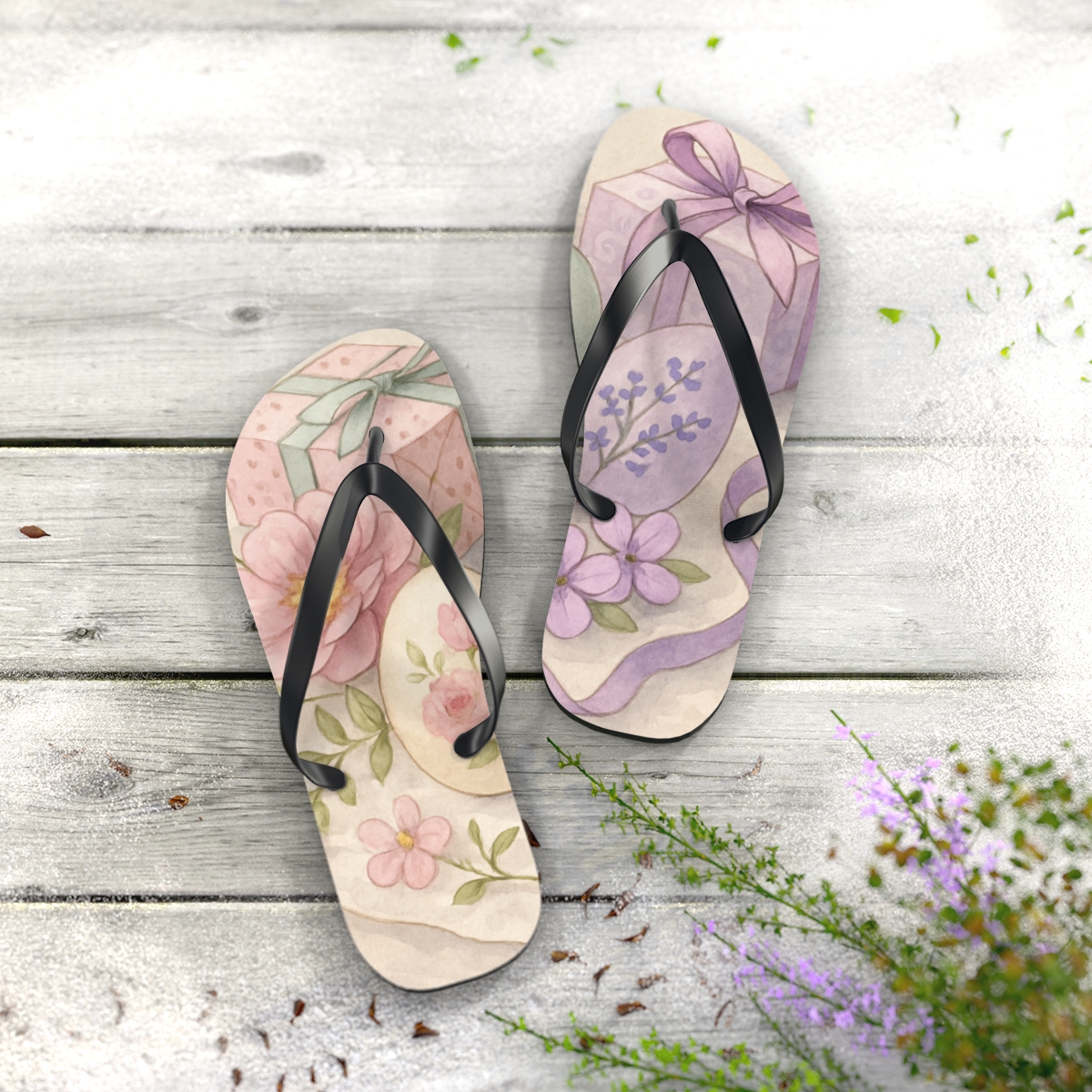 Spring Eggshell Bloom Tableau colorful rubber flip flops