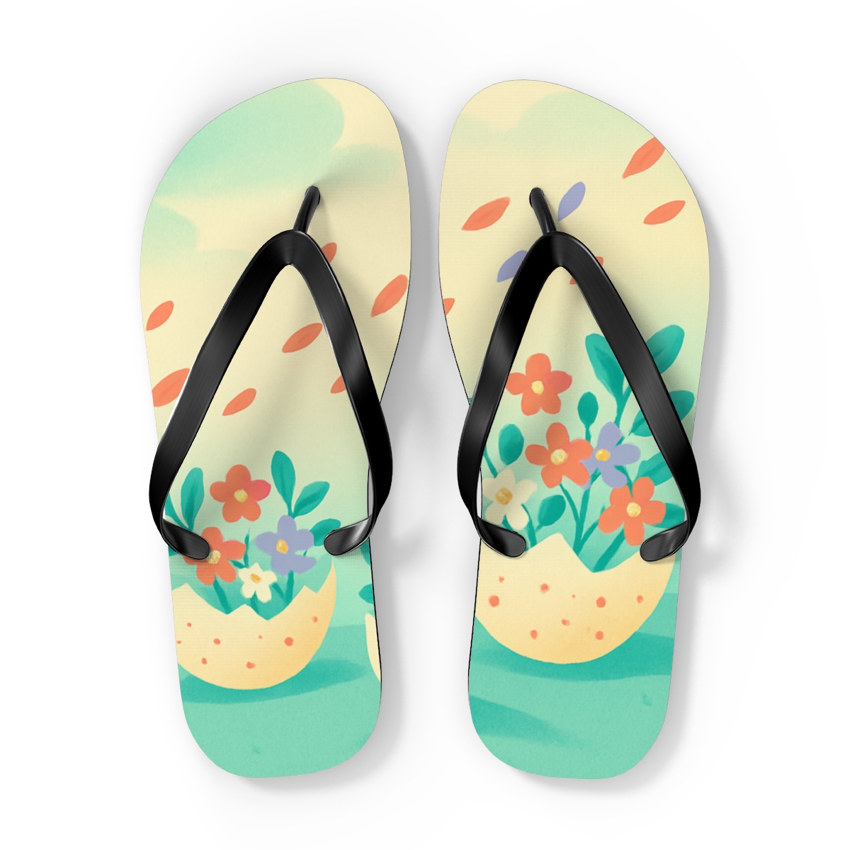 Spring Eggshell Blossom Parade designer logo flip flops