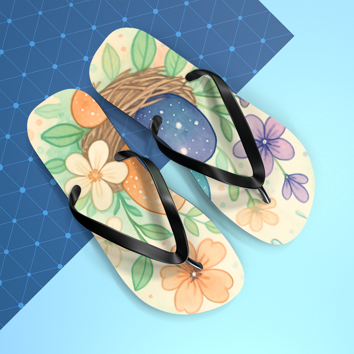 Spring Eggshell Nebula Bloom designer logo flip flops