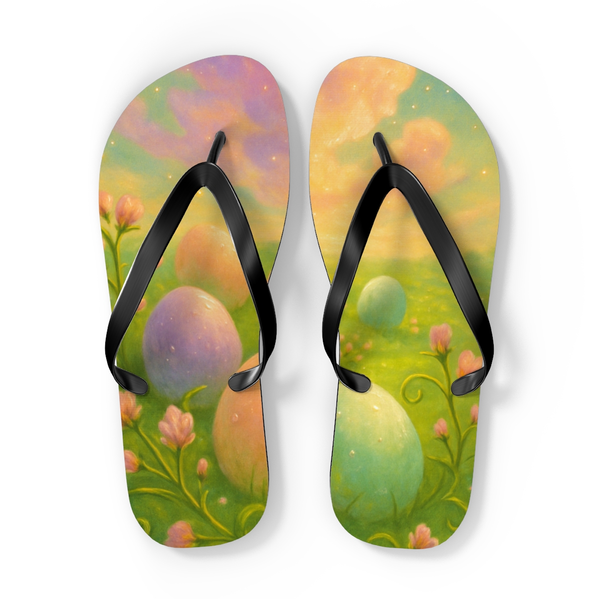 Spring Equinox Egg Nebula Garden colorful rubber flip flops