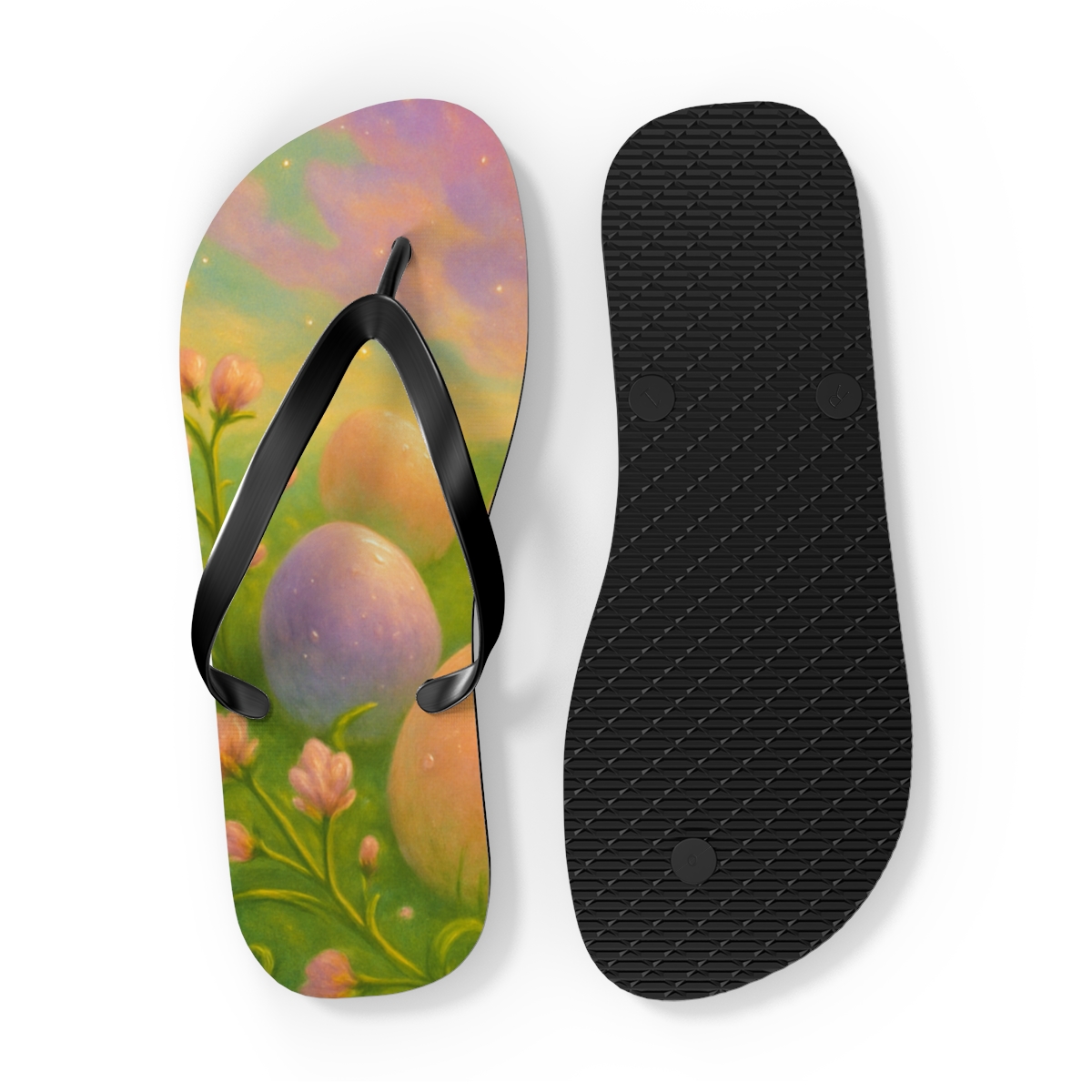 Spring Equinox Egg Nebula Garden colorful rubber flip flops