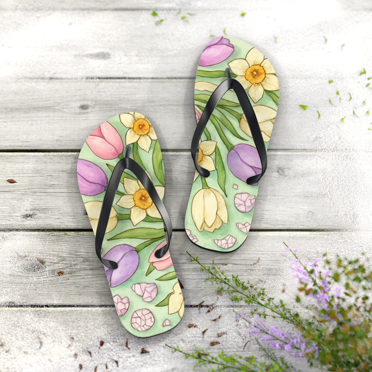 Spring Equinox Eggshell Nebula Garden soft sole flip flops