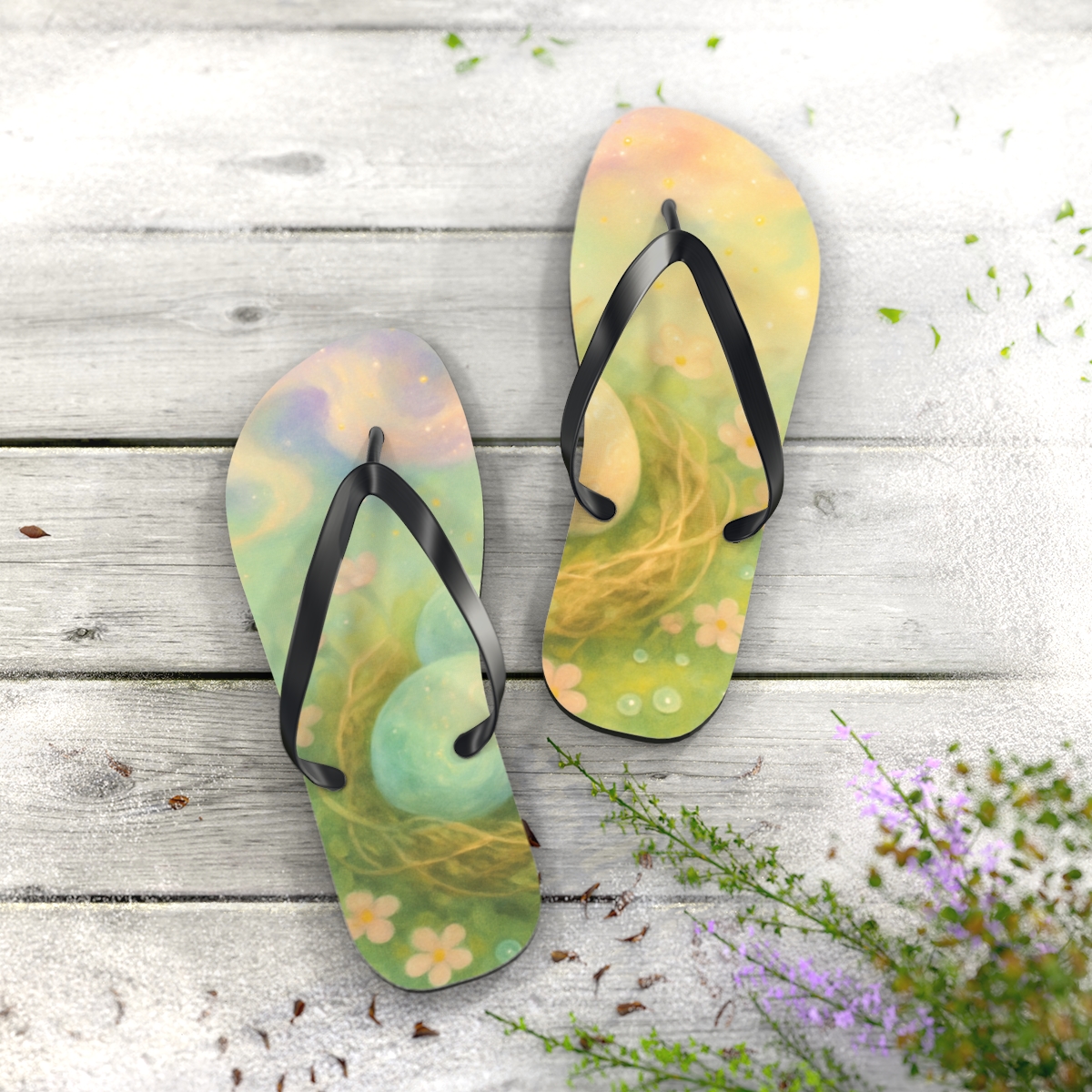 Spring Equinox Painted Egg Nebula designer logo flip flops
