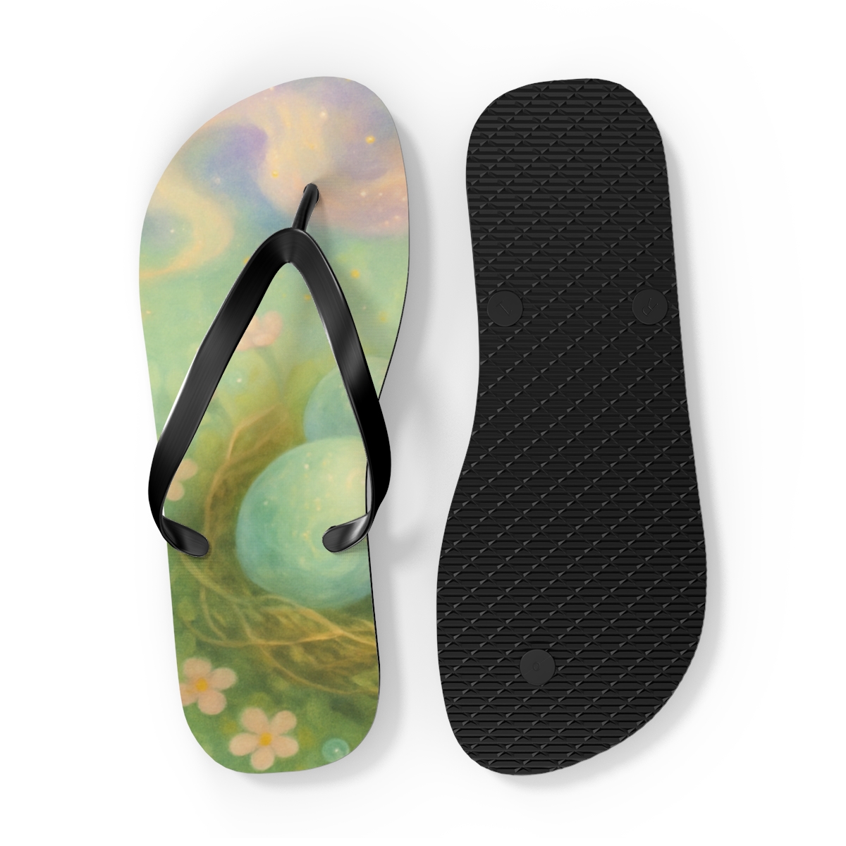 Spring Equinox Painted Egg Nebula designer logo flip flops