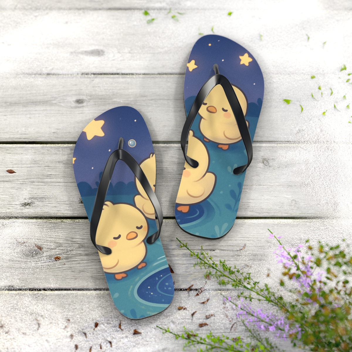 Starlit Puddle Ducklings unique graphic flip flops