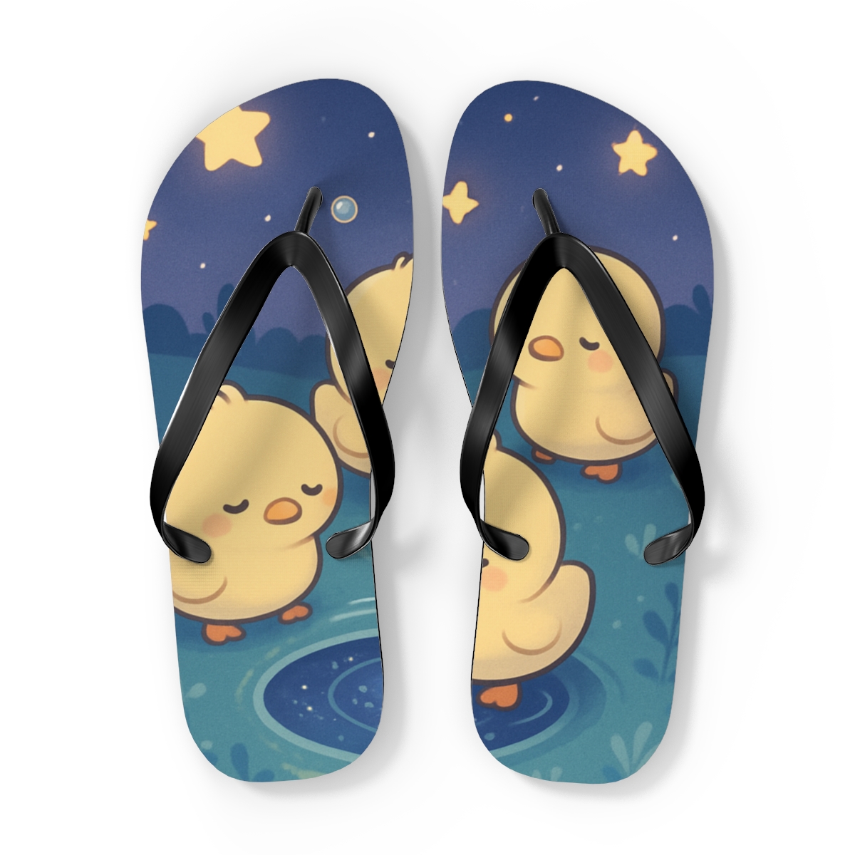 Starlit Puddle Ducklings unique graphic flip flops