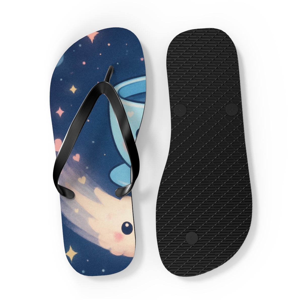 Starry Teacup Comet Friends unique graphic flip flops