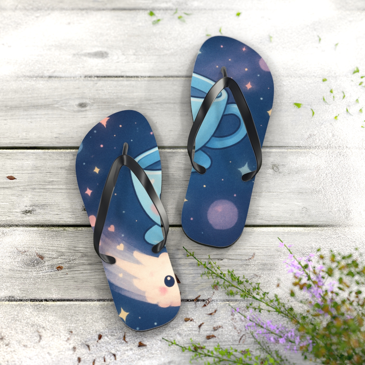 Starry Teacup Comet Friends unique graphic flip flops