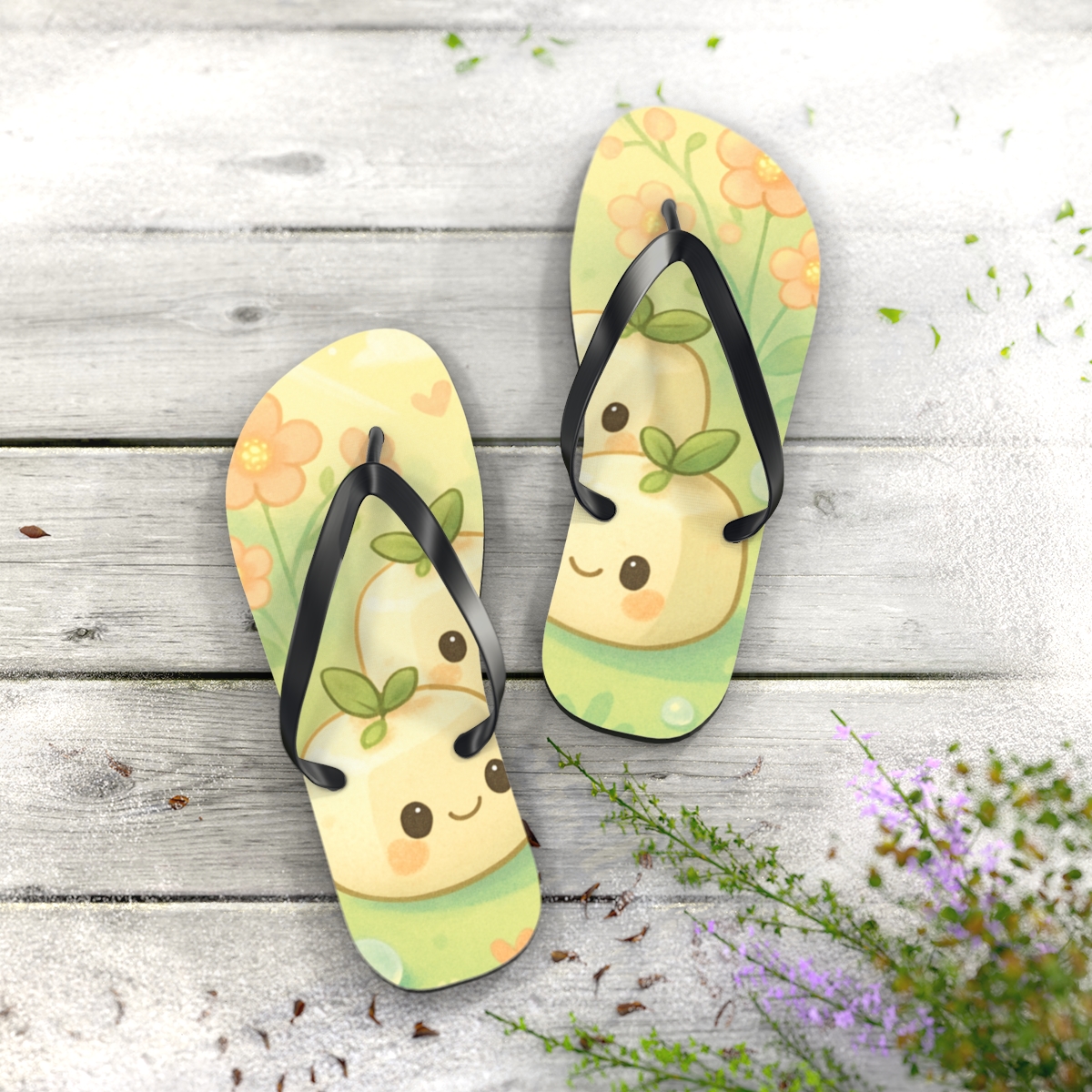 Tiny Tofu Dumpling Garden unique graphic flip flops