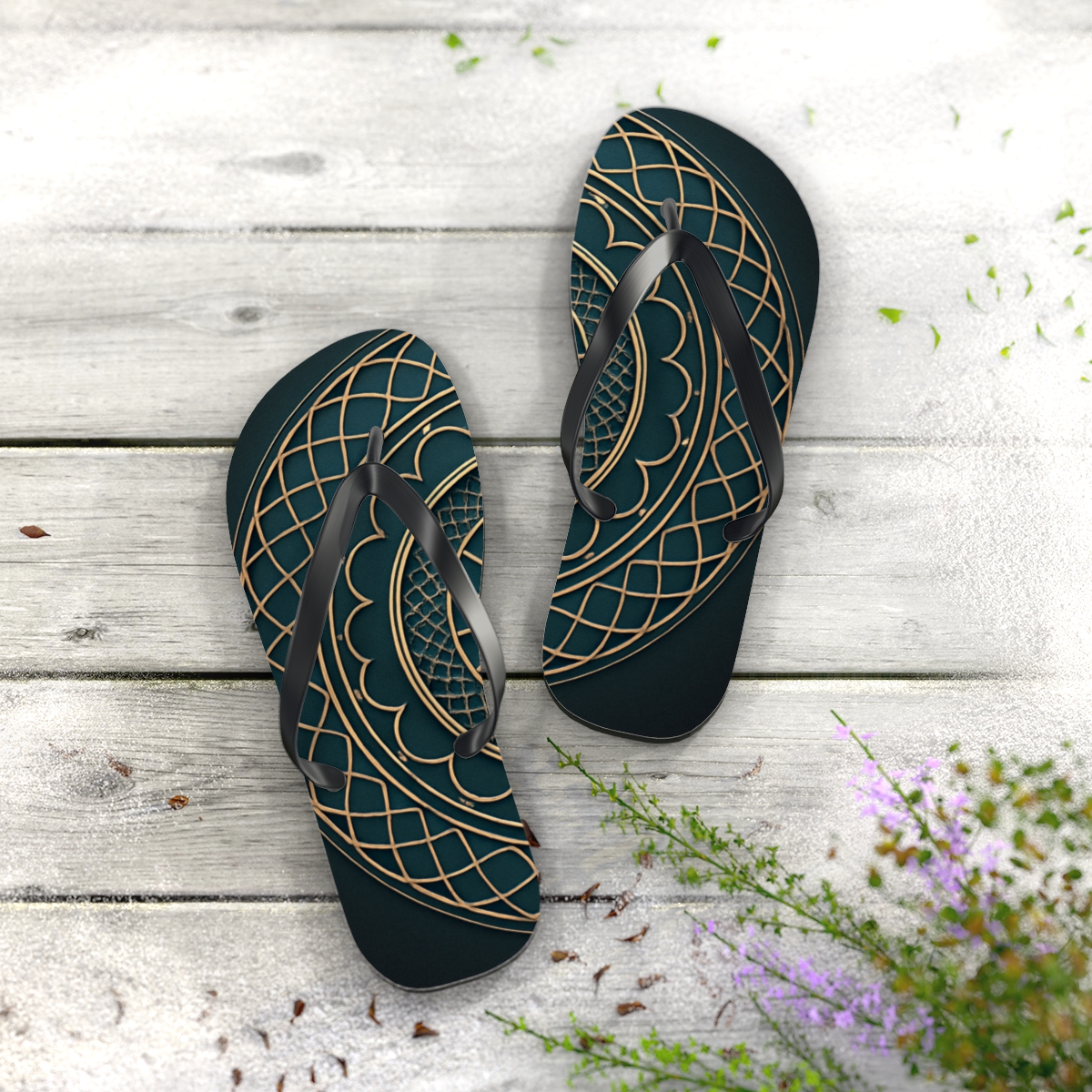 Velvet Lattice Mandala Drift designer logo flip flops